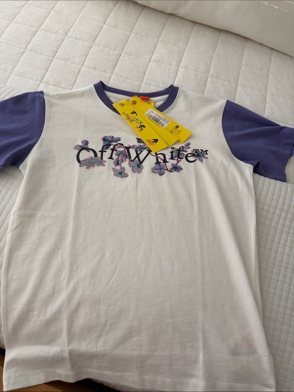 Off-White Kids White Tee with Purple Raglan Sleeves and Floral Logo